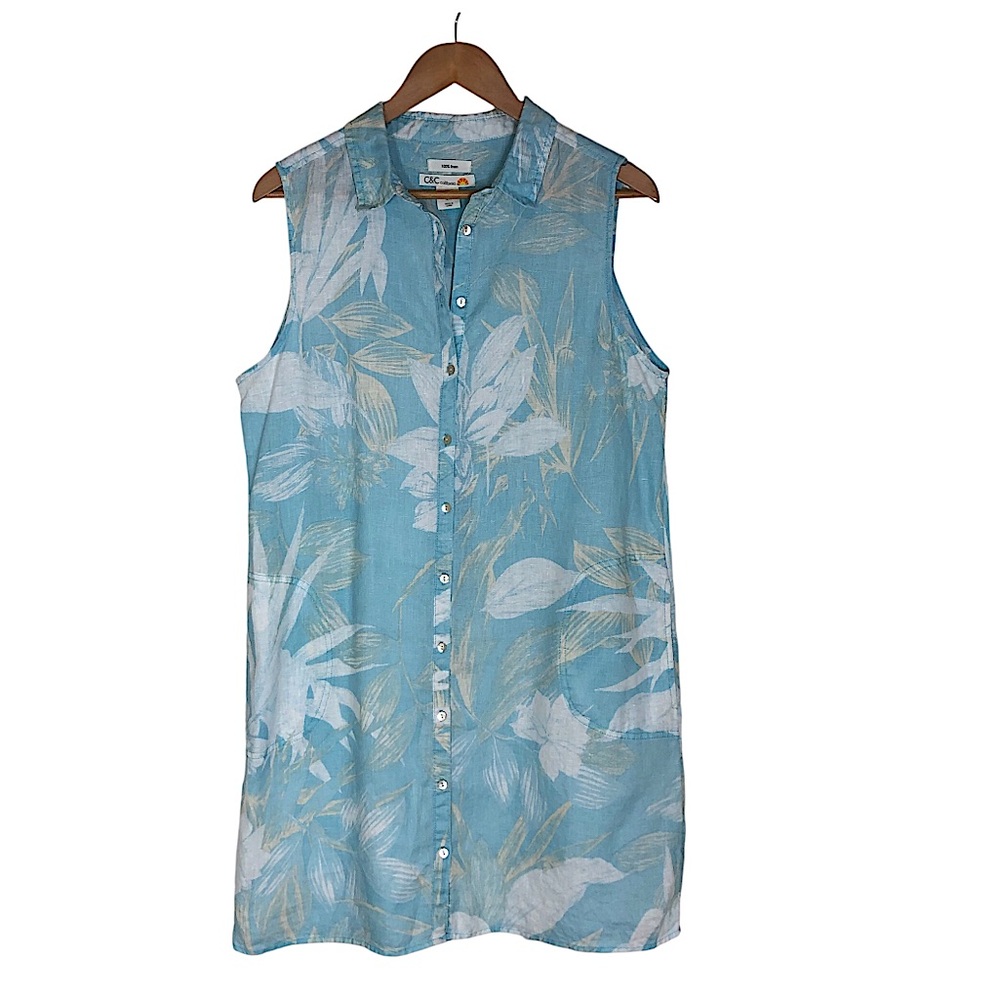 C & C California Linen Blue White Tan Tropical Button Up Pockets Shirt Dress L
